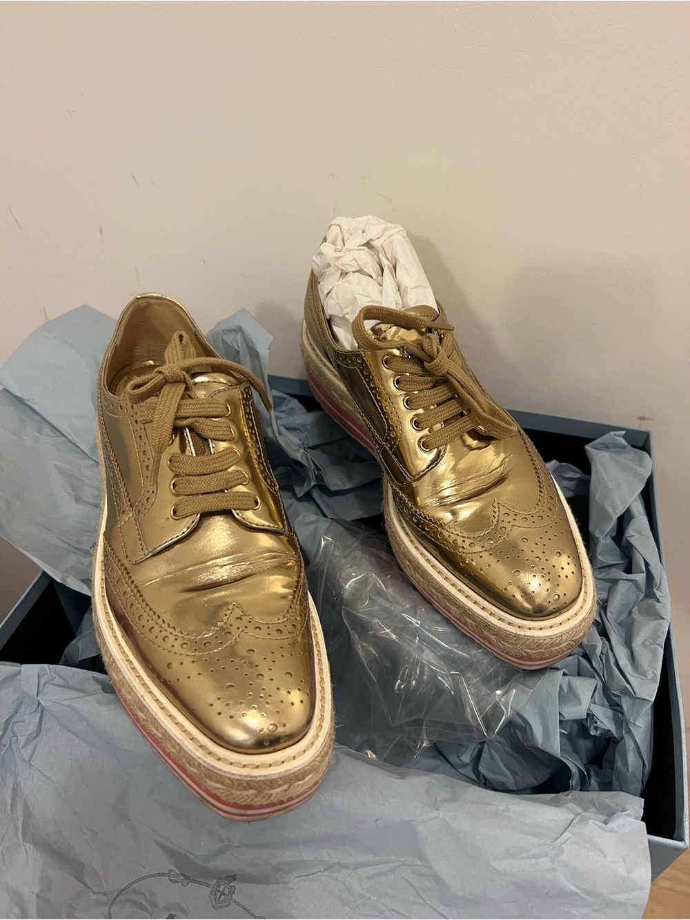Prada Metallic Gold Brogue Derby Shoes